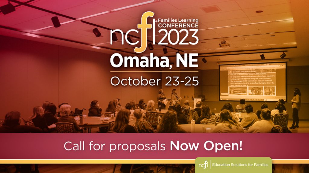 Participants in a conference presentation overlaid with shades of red and yellow. The Families Conference logo appears at the top center with the words “Call For Proposals Now Open!” at the bottom.